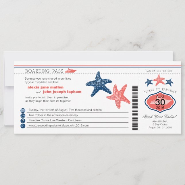 Mariage de carte d'embarquement d'étoiles de mer (Devant)