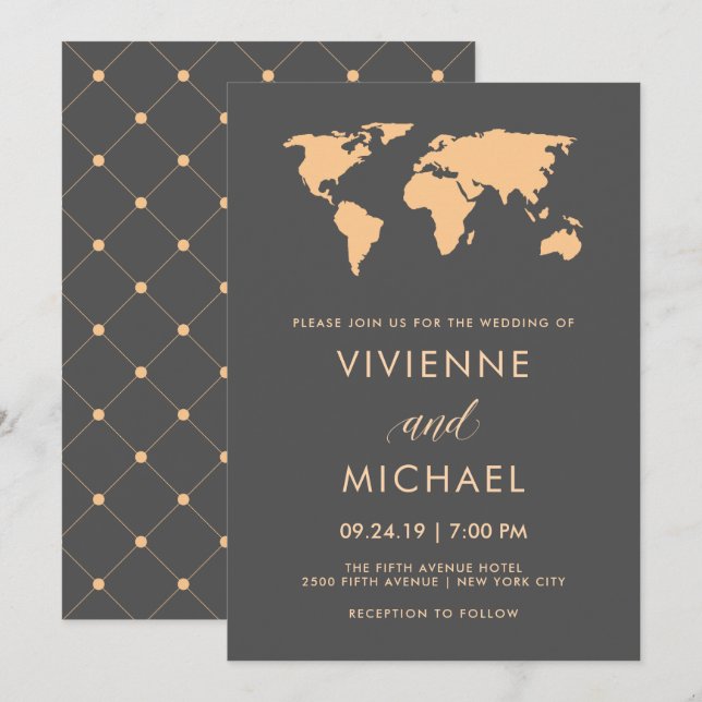 Mariage de carte du monde gris orange et fumée (Devant / Derrière)