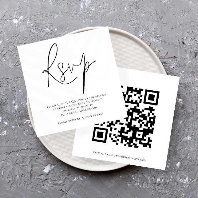 Mariage de code QR de script noir blanc carte RSVP (Créateur téléchargé)