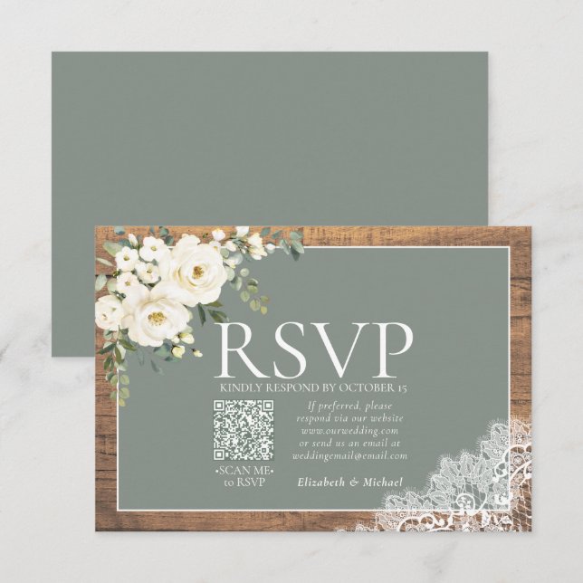 Mariage de dentelle Eucalyptus vert Sage QR RSVP (Devant / Derrière)