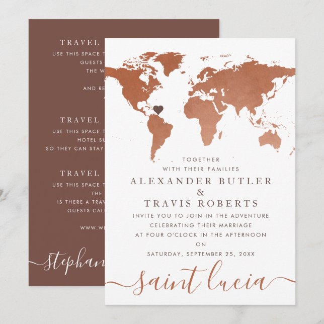 Mariage de Destination Carte du Monde en Cuivre (Devant / Derrière)