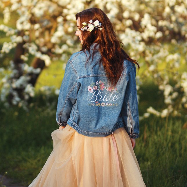 Mariage de Fleur sauvage d'aquarelle chic de scrip (Bride Script Chic Watercolor Wildflower Wedding Denim Jacket)