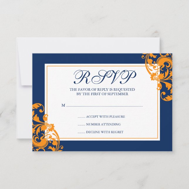 Mariage de flûtes bleu marine et orange RSVP (Devant)