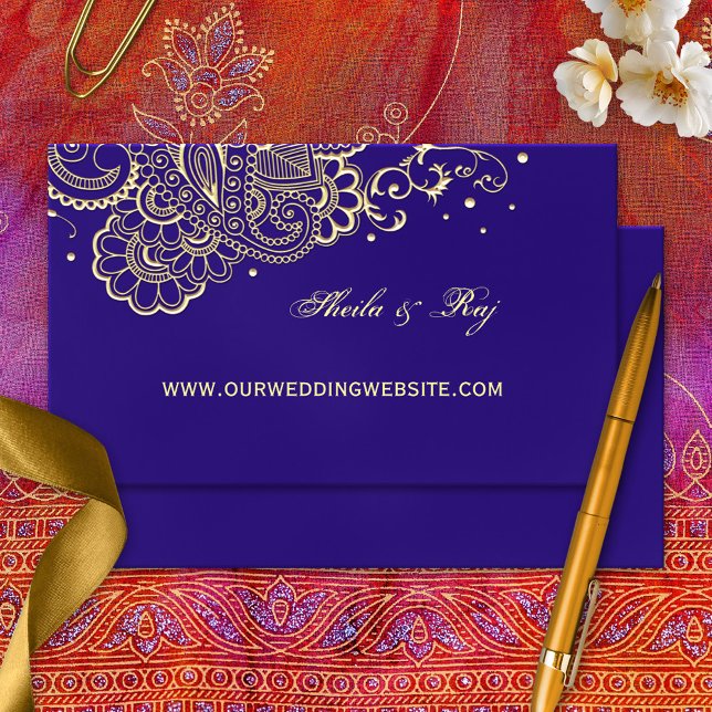 Mariage de henné violet or Carte de visite site We (Wedding website card with a gold printed henna or lace design inspired by Moroccan and Indian art)