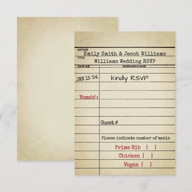 Mariage de la carte de bibliothèque rétro RSVP (Devant / Derrière)