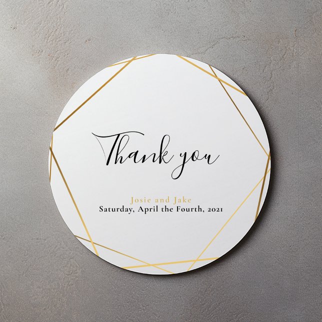 Mariage de l'effet d'or géométrique merci sticker (Gold effect geometric wedding thank sticker with elegant script.)