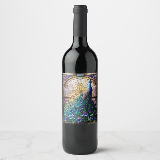 Mariage de luxe : Étiquettes de vin Peacock en ver (Devant)