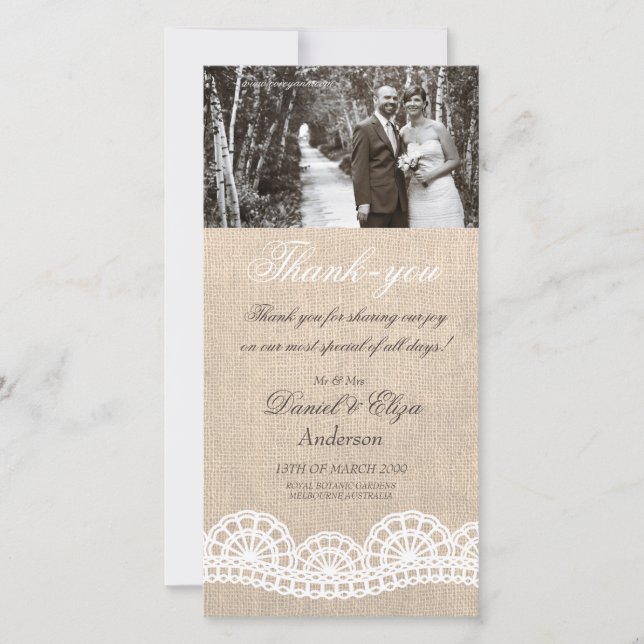 Mariage de Merci de Carte photo Burlap & Lace (Devant)
