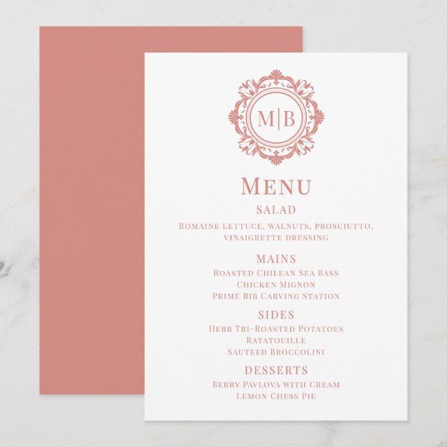 Mariage de Monogramme Floral Orné Menu Rose Gold (Devant / Derrière)