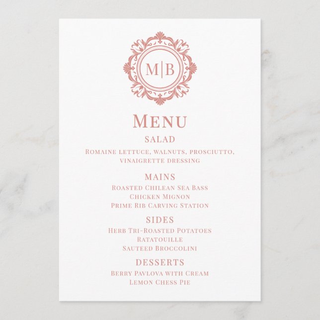 Mariage de Monogramme Floral Orné Menu Rose Gold (Devant)