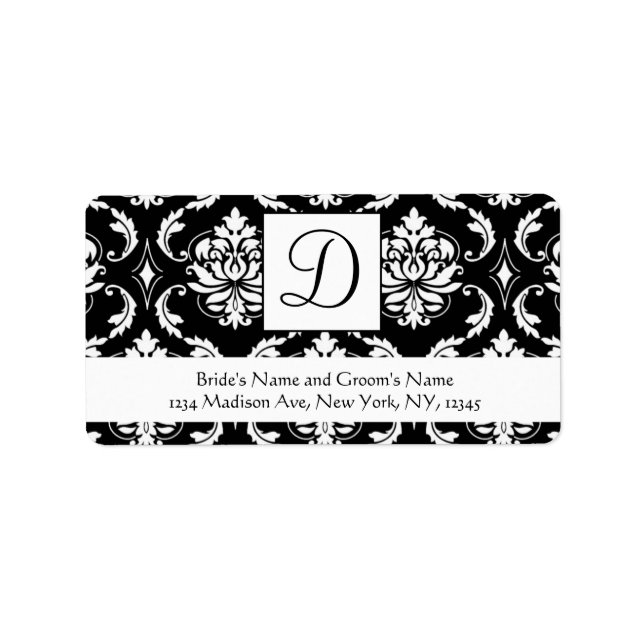 Mariage de monogramme noir blanc Damask Étiquettes (Devant)