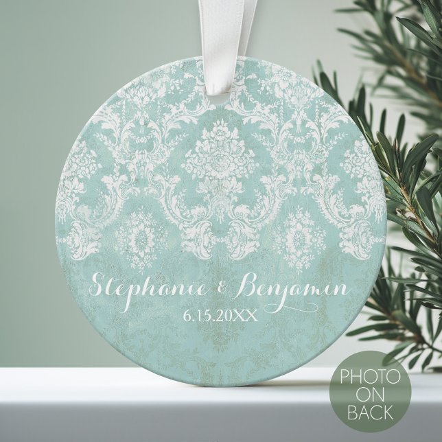 Mariage de motif de Damas rustique bleu glace (Personalized Photo Ornament)