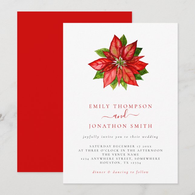 Mariage de Noël Single Red Poinsettia Invitation (Devant / Derrière)