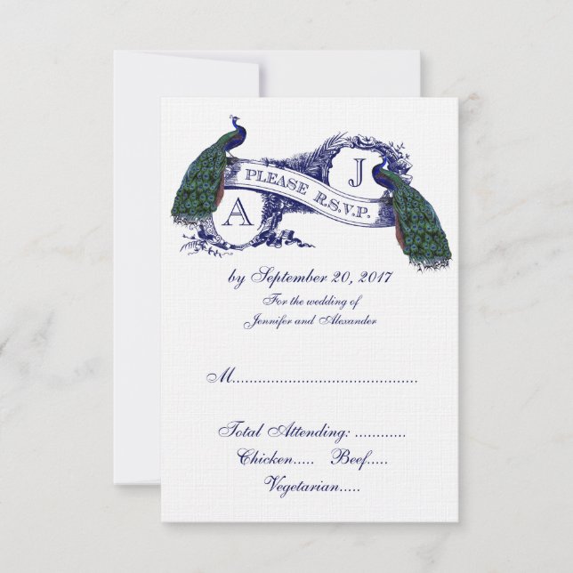 Mariage de paon bleu marine RSVP (Devant)