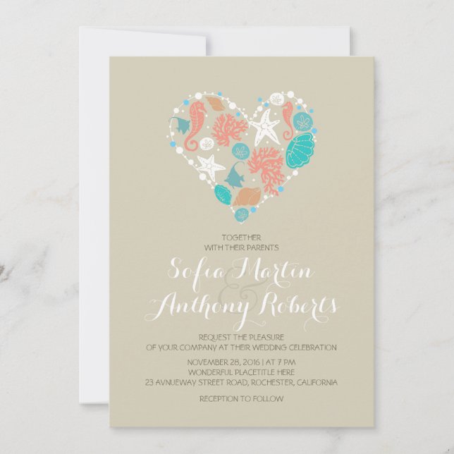 mariage de plage moderne invitation coeur de mer (Devant)