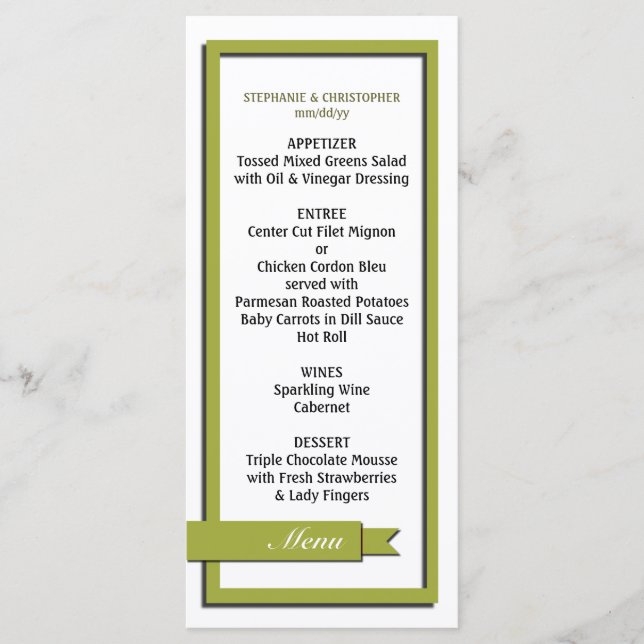 Mariage de ruban vert olive Menu / Programme (Devant)