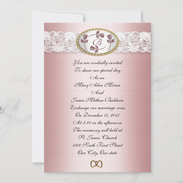 Mariage de satin et dentelle Monogramme Invitation (Devant)