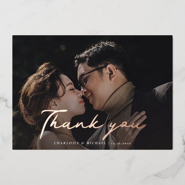 Mariage de script Rose photo Gold Foil Carte de re (Recto)