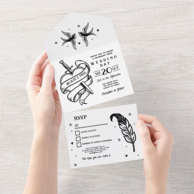 Mariage de tatouage Invitation & RSVP Oiseaux card (Déchirure)