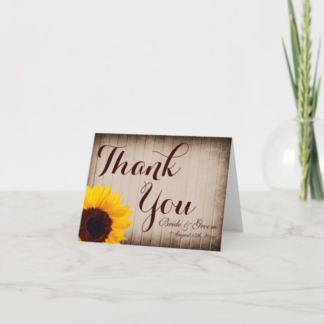 Mariage de tournesol en bois rustique Merci Cartes (Devant)