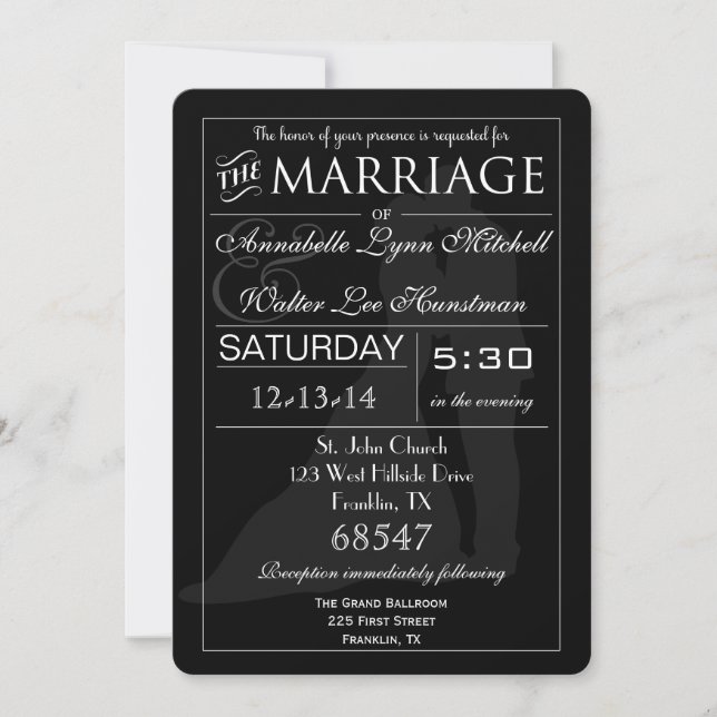 Mariage de typographie Invitation noire et blanche (Devant)