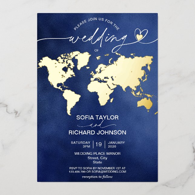 Mariage Destination Monde Carte Typographie Or Mar (Recto)