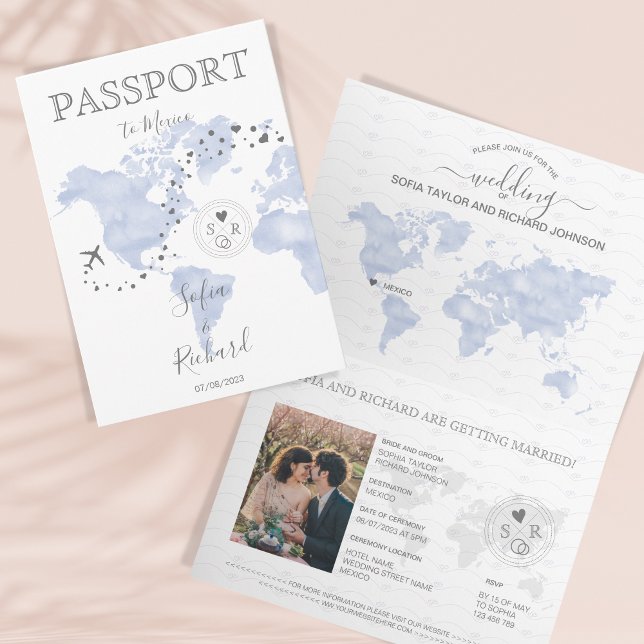 Mariage Destination Passeport bleu Carte du monde  (Créateur téléchargé)