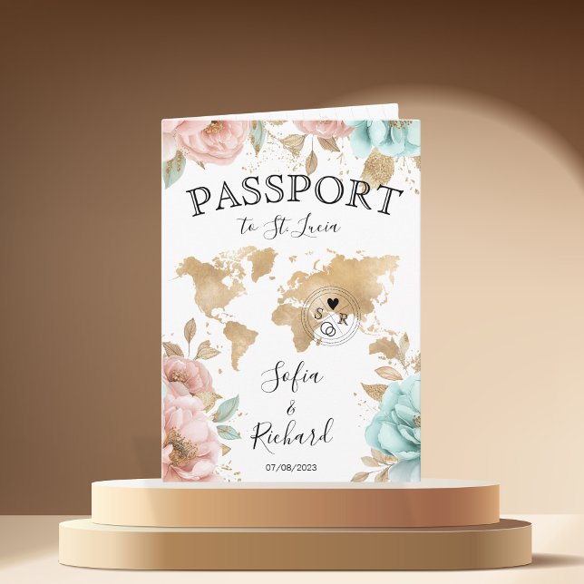 Mariage Destination Passeport Carte du monde Saint (pink and blue peonies)