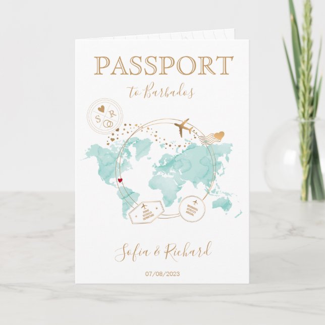 Mariage Destination Passport Carte du monde Barbad (Devant)
