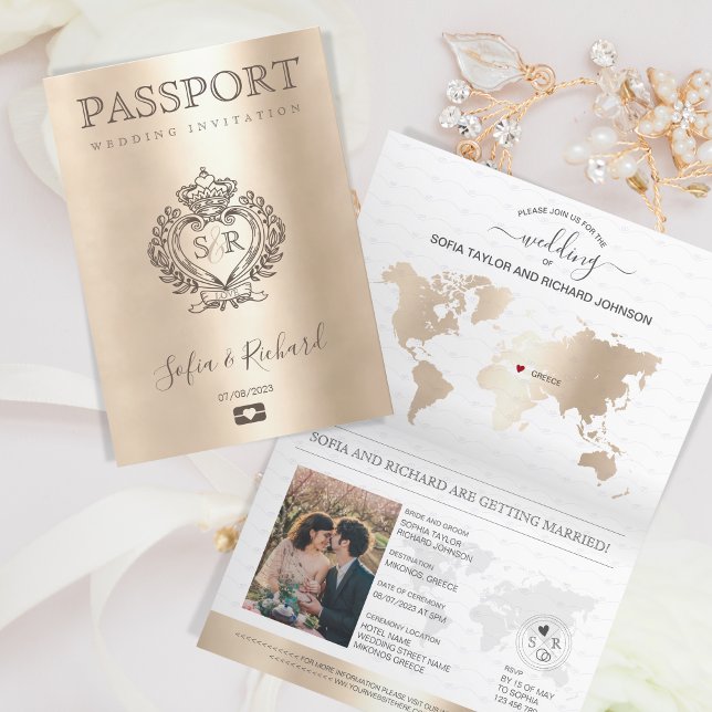 Mariage Destination Passport Gold Carte du monde G (custom crest wedding passport)