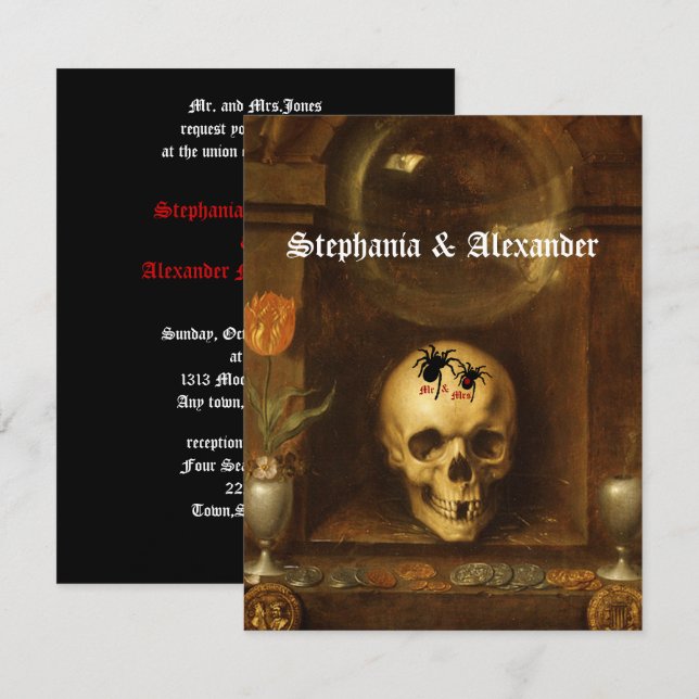 Mariage d'Halloween, Goth, Crâne, Invitation perso (Devant / Derrière)