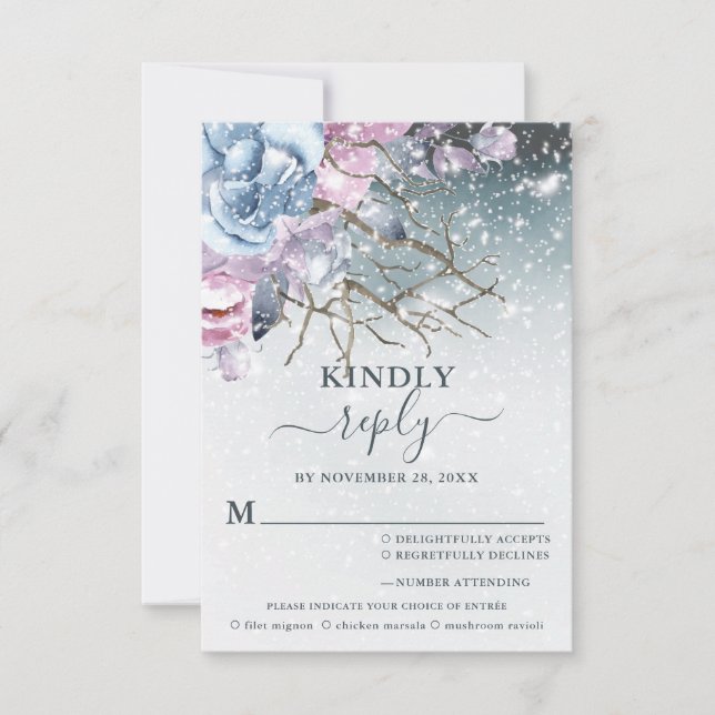 Mariage d'hiver Floral Neige choix carte RSVP (Devant)