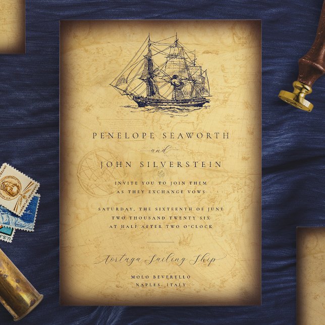 Mariage d'illustration d'expédition de carte Vinta (Nautical Vintage Map Ship Illustration Wedding Invitation)