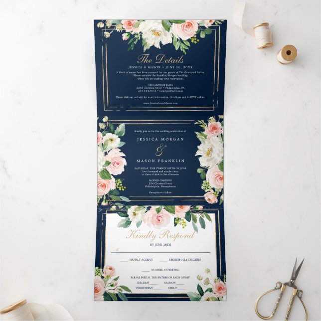 Mariage d'or bleu marine Invitations triplées RSVP (Intérieur)