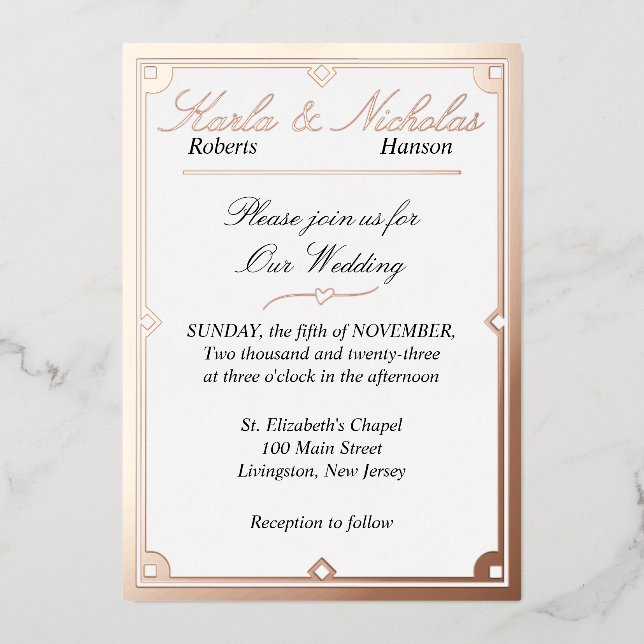 Mariage Élégant Blanc Art Déco. Invitation avec fe (Recto)
