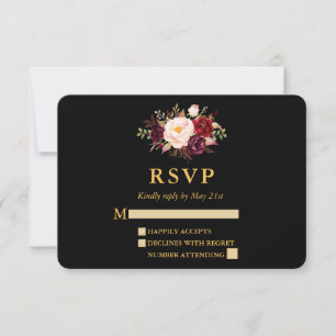 Mariage Élégant Bourgogne Floral Black Gold RSVP