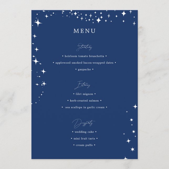 Mariage Élégant Céleste Simple Menu Bleu Nuit (Devant)