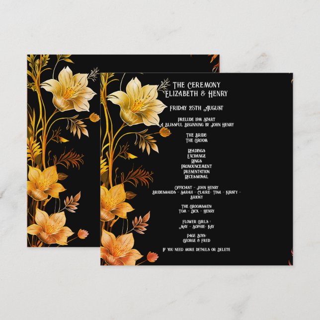 Mariage élégant Invitations florales noir et or (Devant / Derrière)