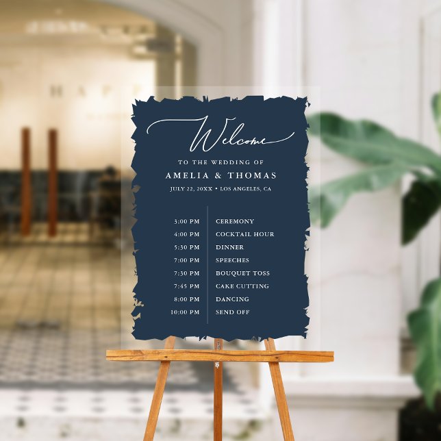 Mariage élégant Marine Bleu Bienvenue et chronolog (Welcome your guests with our elegant acrylic sign that greets them and displays your event timeline.)