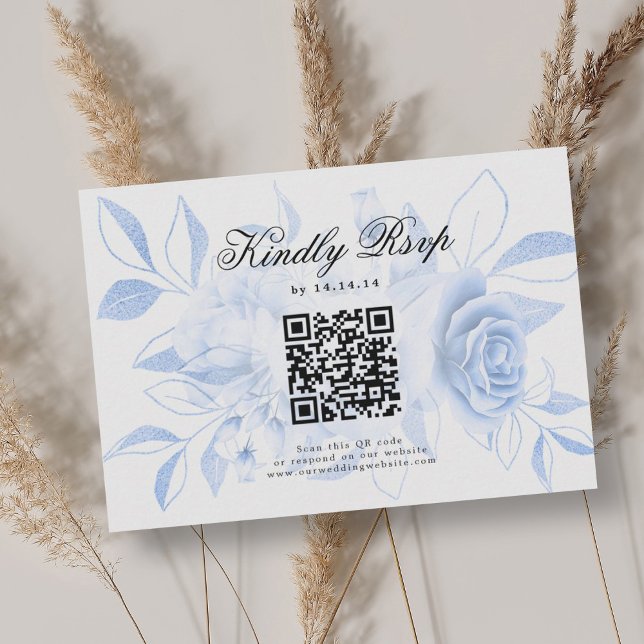 Mariage élégant QR Code RSVP Marine Bleu Floral (Elegant Wedding QR Code RSVP Navy Blue Floral)