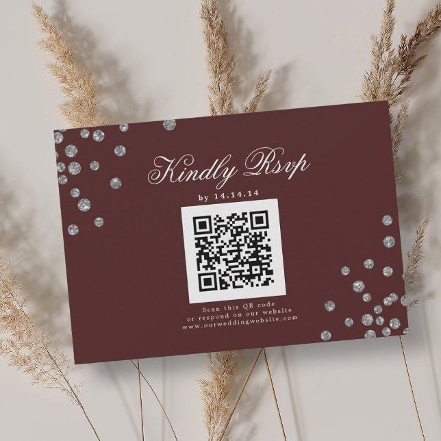 Mariage élégant QR RSVP Argent Confetti Bourgogne (Elegant Wedding QR RSVP Silver Confetti Burgundy)