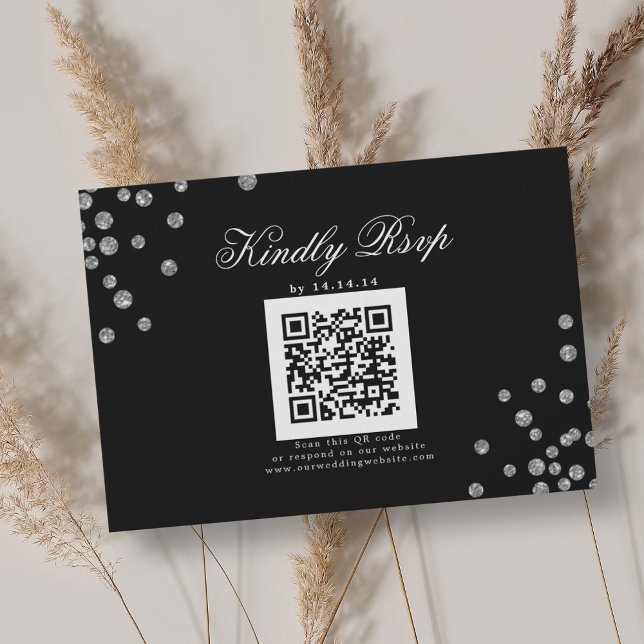 Mariage élégant QR RSVP Confettis argentés Noir (Elegant Wedding QR RSVP Silver Confetti Black)
