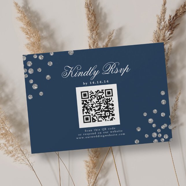 Mariage élégant QR RSVP Silver Confetti Navy (Elegant Wedding QR RSVP Silver Confetti Navy )