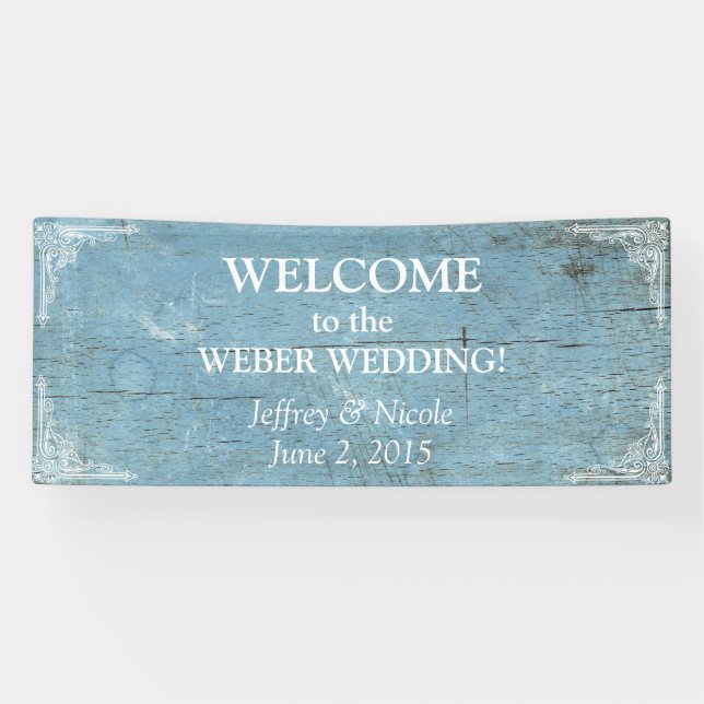 Mariage en bois bleu rustique avec la bannière de (Horizontal)