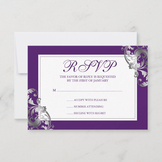 Mariage Faux Argent et Violet Flourish RSVP (Devant)