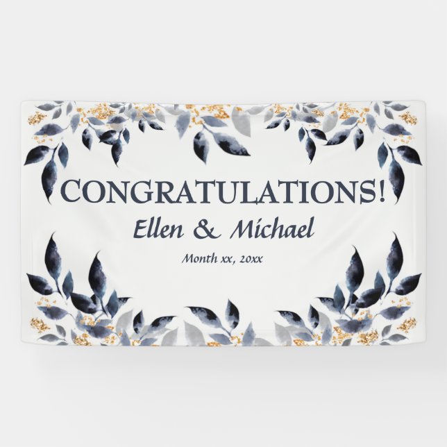 Mariage Félicitations Bannière Elégant Bleu Or (Horizontal)