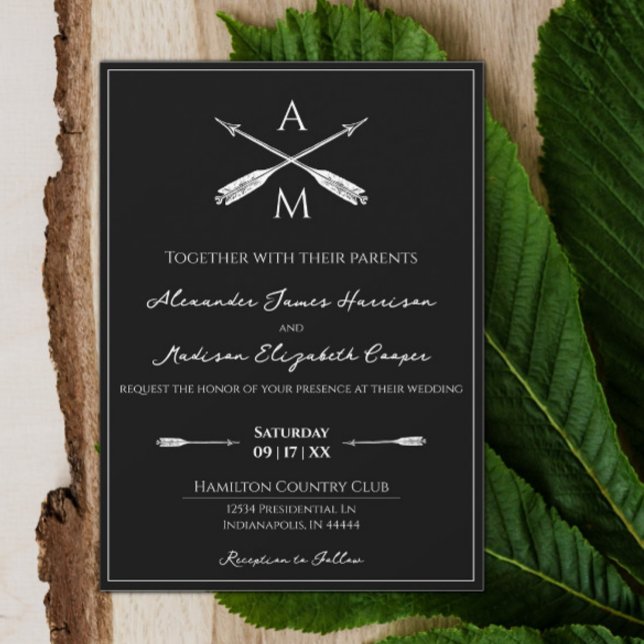 Mariage Flèches et monogrammes | Invitation noire (Black Arrows and Monograms Wedding Invitation)