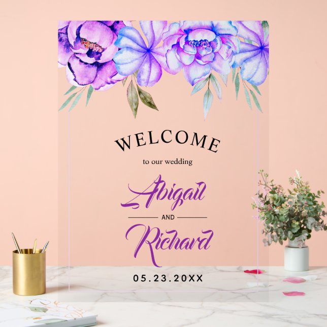 Mariage fleuri à l'aquarelle violette BIENVENUE (Mariage)