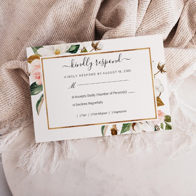 Mariage floral blanc et blanc Magnolia RSVP (White & Blush Magnolia Floral Wedding RSVP Card)