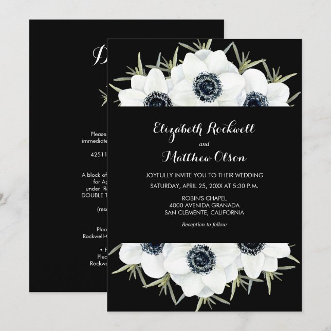 Mariage Floral Blanc Noir Tout en un Invitations (Devant / Derrière)